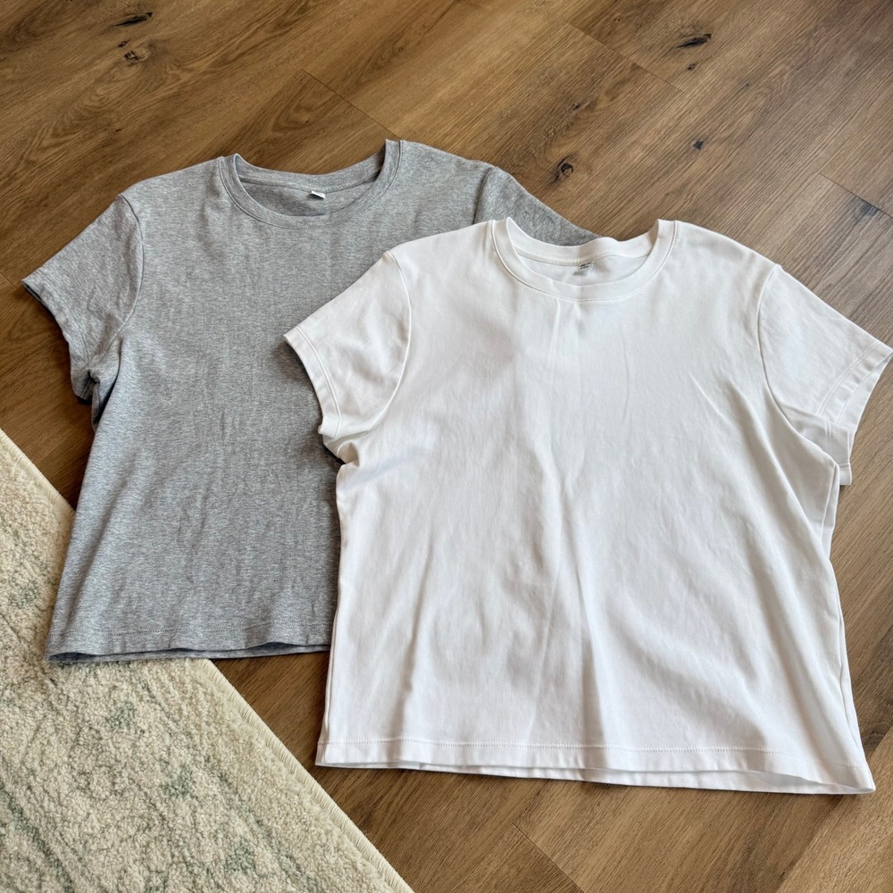 Uniqlo Womens XL Cotton Spandex Cropped Crewneck T-Shirt Lot 2 White Gray